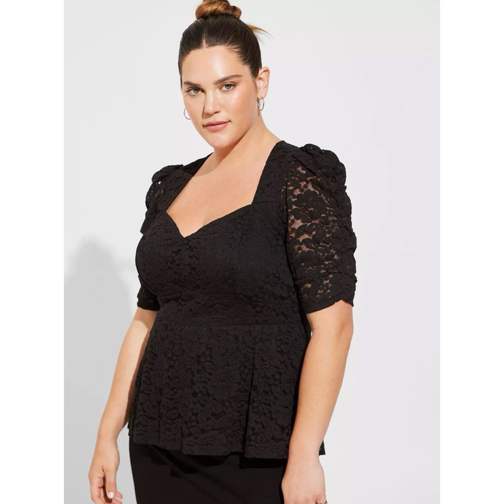 Torrid Top Women's 4X Black Lace Peplum Sweetheart Neckline Cinched Elbow Sleeve